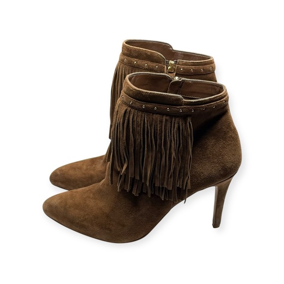 White House Black Market WHBM ꧁ Suede Fringed Heeled Ankle Boots ꧁ Cognac ꧂ 9.5 - Picture 6 of 16